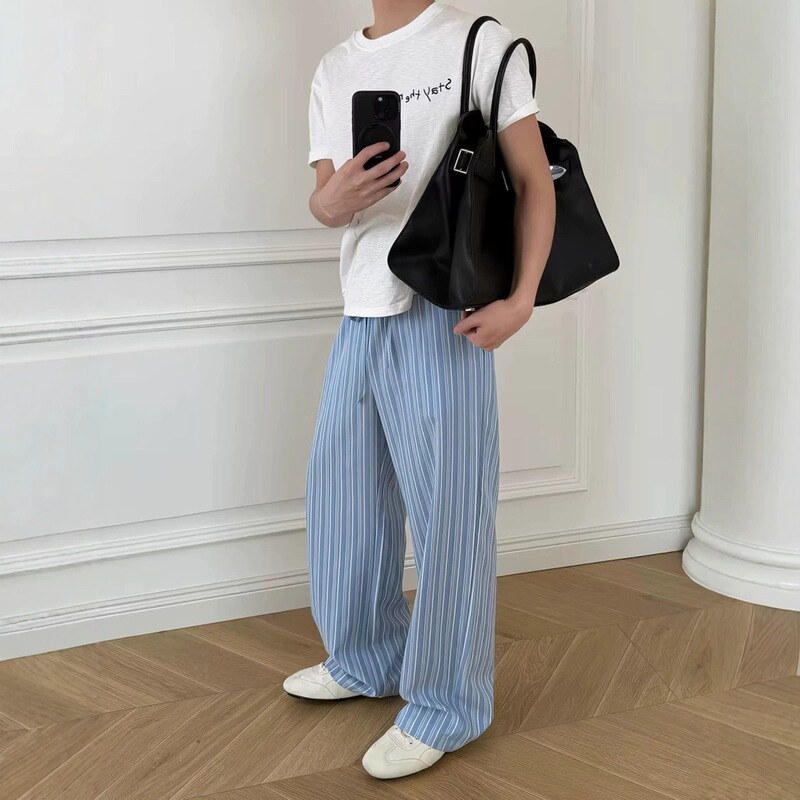 Blue casual long pants for men with a skin-friendly feel, striped A-line design, elastic waistband, straight-leg casual trousers