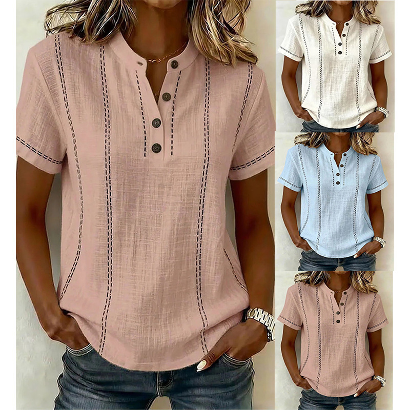 2026 European and American New Style Women's Summer Loose Tops Casual Short-Sleeved Stand-Up Collar Striped Patchwork Women's Shirts 2026 European and American New Style Women's Summer Loose Tops Casual Short-Sleeved Stand-Up Collar Striped Patchwork Women's Shirts