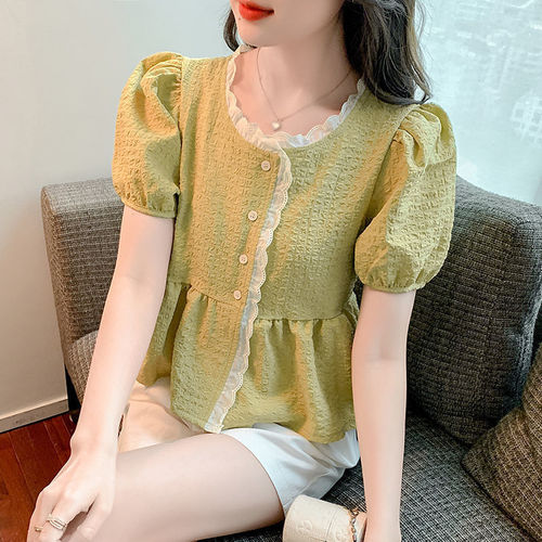 French-style, belly-baring women's summer skirt top, slimming, stylish, 2025 new arrival short-sleeve chiffon blouse