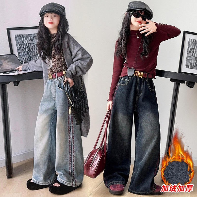 대외 무역 소녀의 편지 청바지 가을과 겨울 두꺼운 원피스 벨벳 패션 쿨 한국 버전 와이드 레그 바지 여자 서양식 바지