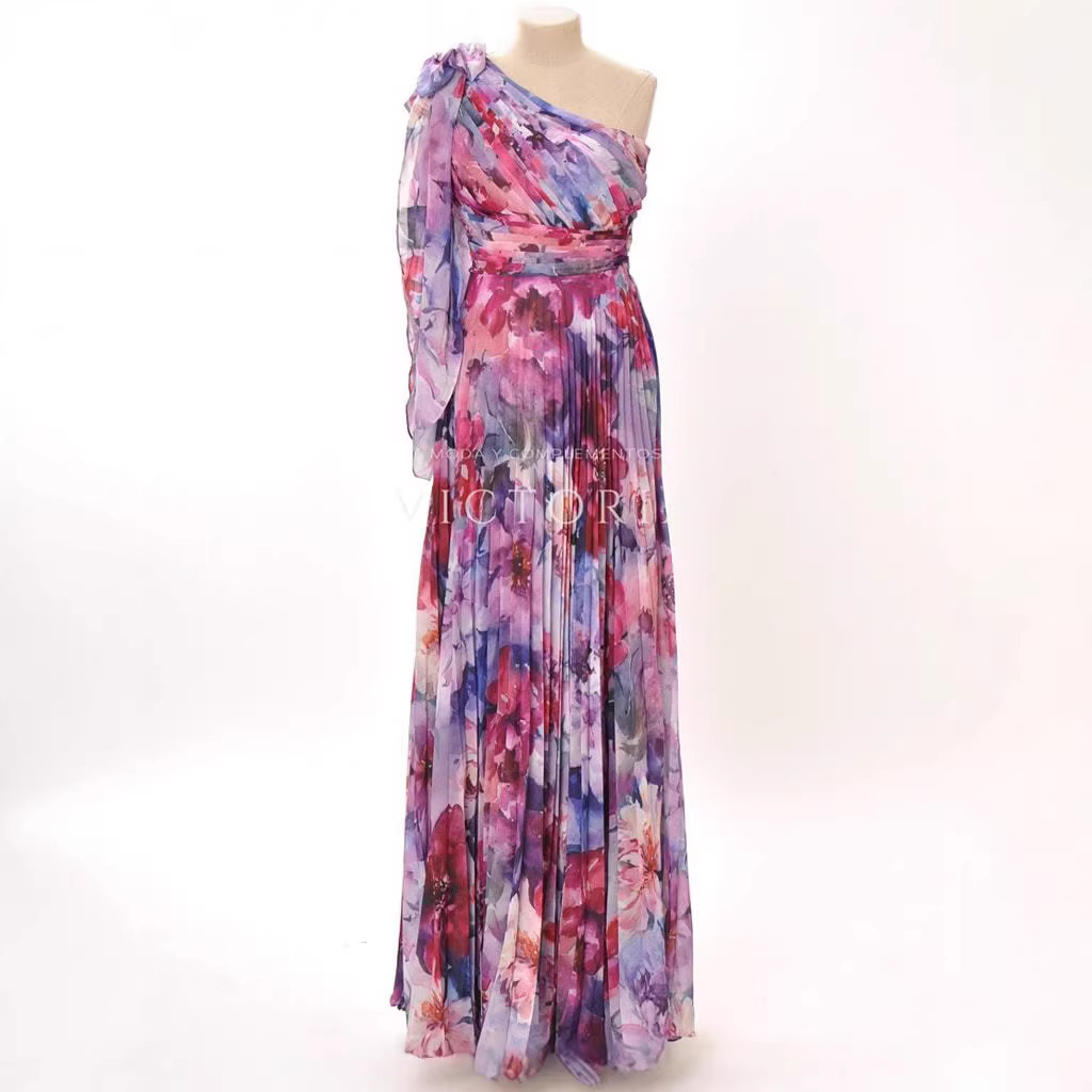 New Bohemian Vacation Style One Shoulder Shirred Lolita Big Swing Printed Dress Bohemian Holiday Printed Dress For Women_ecoleips.com