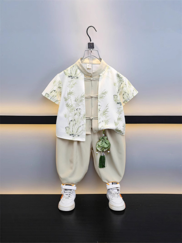 男の子韓服夏半袖スーツ 2025 新しい子供服中国風シャツボタン唐スーツツーピーストレンディセット|undefined