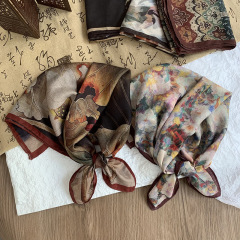 丝巾方巾高级感油画玫瑰文艺仿真丝丝巾领巾新款复古印花围巾披肩