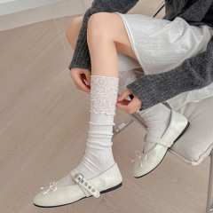 芭蕾风袜子女甜美蕾丝拼接中筒袜时尚简约花边堆堆袜女洛丽塔袜子