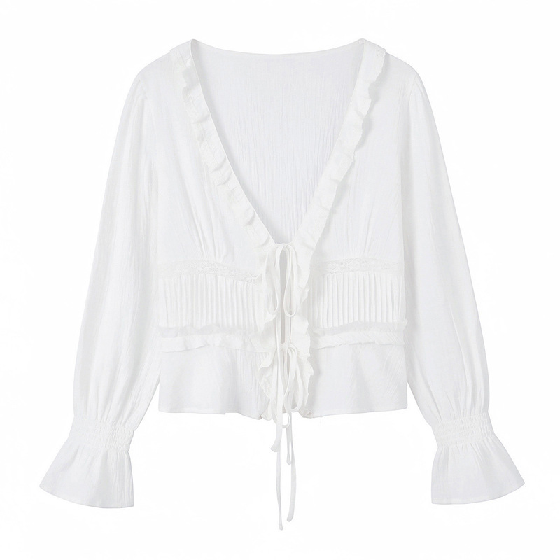 European and American Wholesale 2026 Summer New Women's Lace Trim V-Neck Tie Long-Sleeve Shirt I88-14286 European and American Wholesale 2026 Summer New Women's Lace Trim V-Neck Tie Long-Sleeve Shirt I88-14286