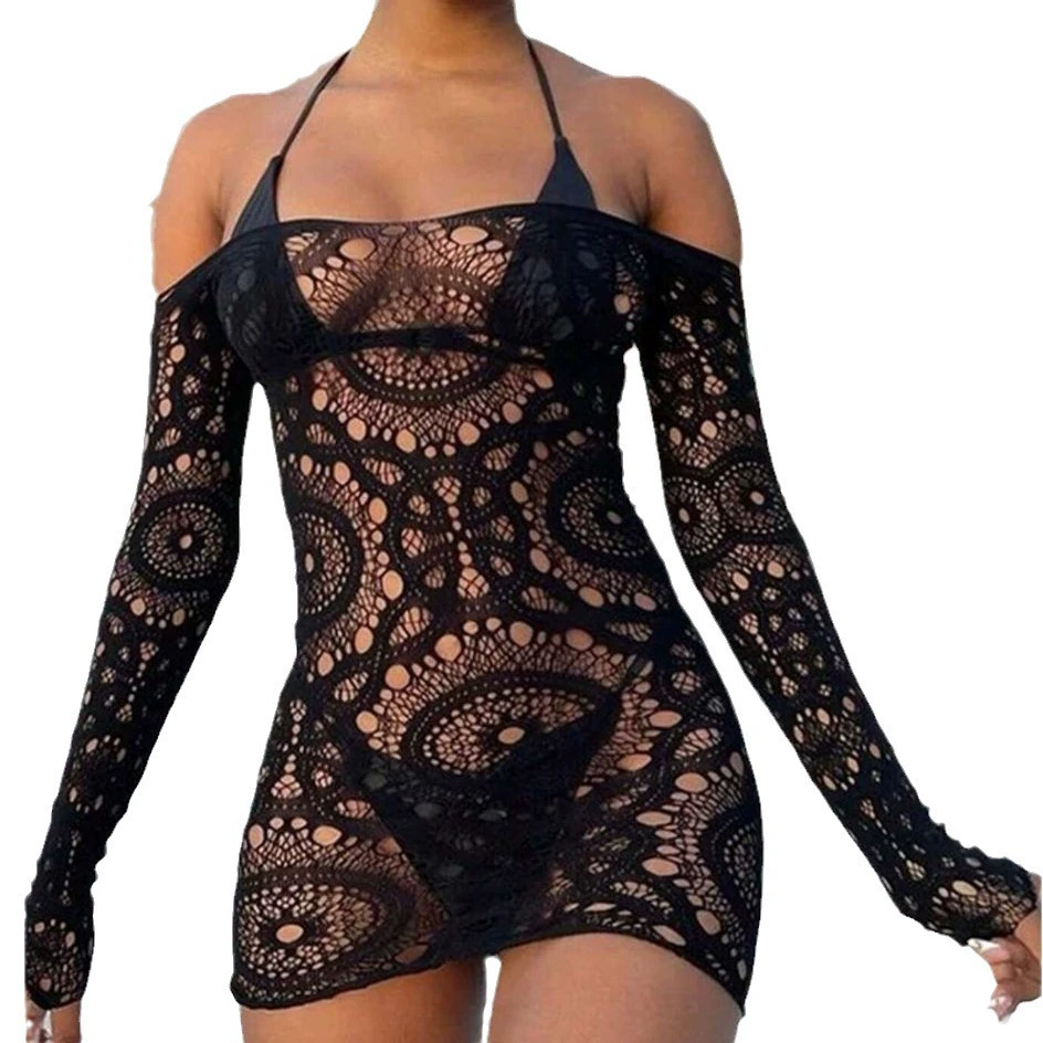 Пижама из Underwear, сексуальная, длинный рукав, мини-юбка, открытые плечи