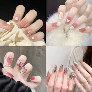 Nail Patch Nail Patch Cute Short Removable Fake Nail Patch Peach Heart Bow Nail Patch