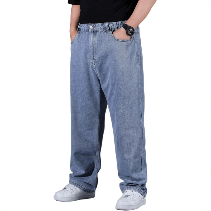 Plus Size Men's Loose Straight Leg Jeans, Extended Length, Elastic Waist, Jogger Style Denim Pants