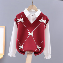 女童毛衣中大童春秋薄款纯棉针织衫假两件儿童女孩衬衫领打底衫潮