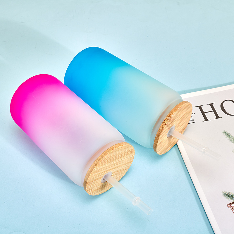Heat sublimation 12oz heat transfer glass cup frosted glass Mason cup coated cup bamboo lid glass cup cola can