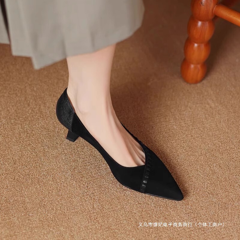 French-style pointed-toe pumps, new women’s collection, shallow-cut, black, matte suede, thin-heeled, mid-heel, sexy work shoes French-style pointed-toe pumps, new women’s collection, shallow-cut, black, matte suede, thin-heeled, mid-heel, sexy work shoes