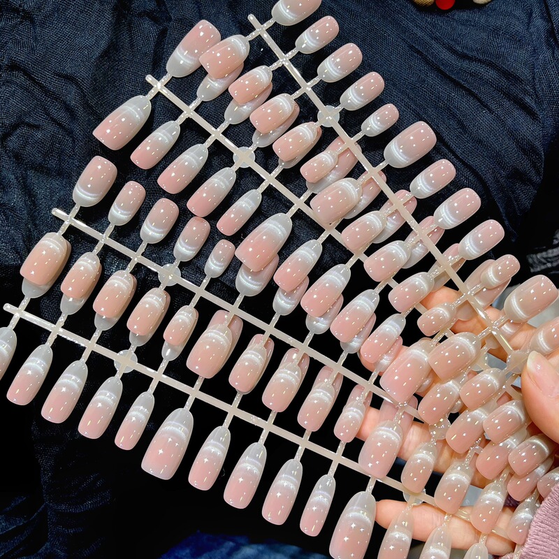 Clear nude pink and milky white gradient French-style fine glitter cat-eye pre-made nails, long and short oval shapes, gentle and versatile