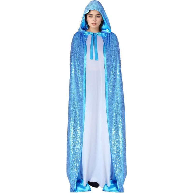Medieval Cos Frozen Elsa Princess Cloak Halloween Cloak Adult Performance Costume Blue Sequin*