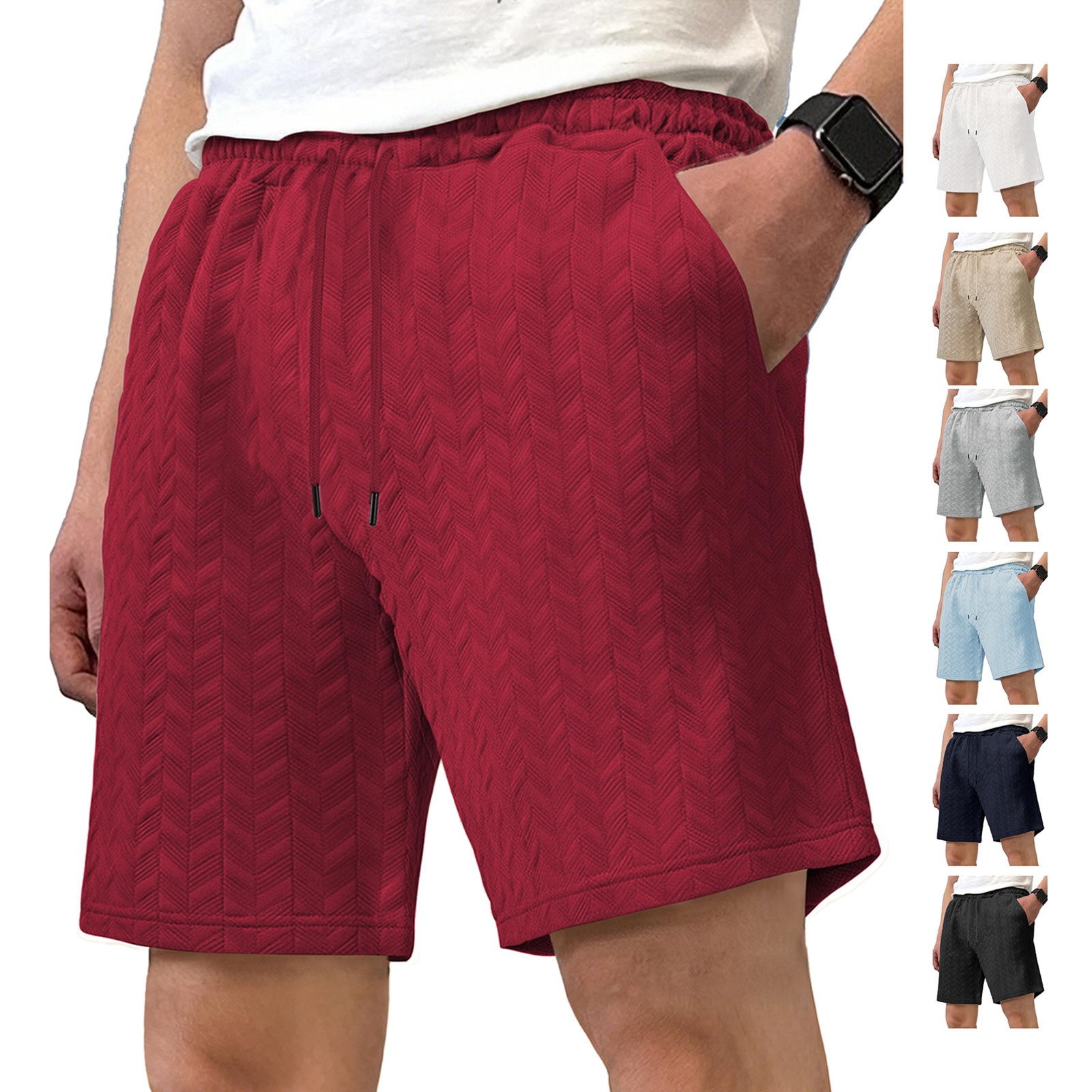 Europa y Estados Unidos ropa de hombre transfronteriza spot verano suelta pantalones cortos de color sólido jacquard correa de hombre casual pantalones cortos de playa