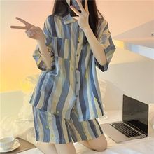 外贸睡衣韩版女夏季新款条纹宽松甜美学生薄款可外穿家居服套装