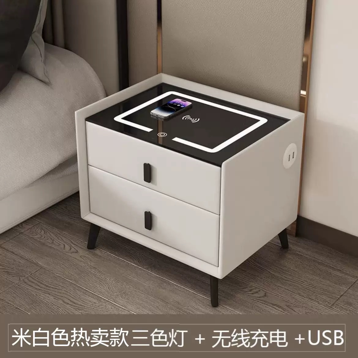 Mesa de cabecera inteligente transfronteriza moderna y simple carga inalámbrica con audio LED multifuncional gabinete de cabecera de dormitorio residencial