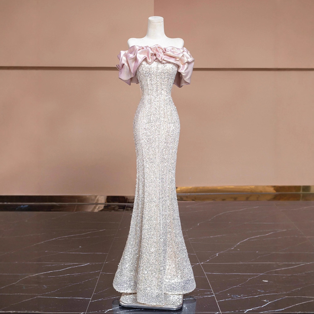 Celebrity Light Luxury Mermaid Evening Dress Birthday High-End Bride Toast Dress Banquet One-Shoulder Host Engagement