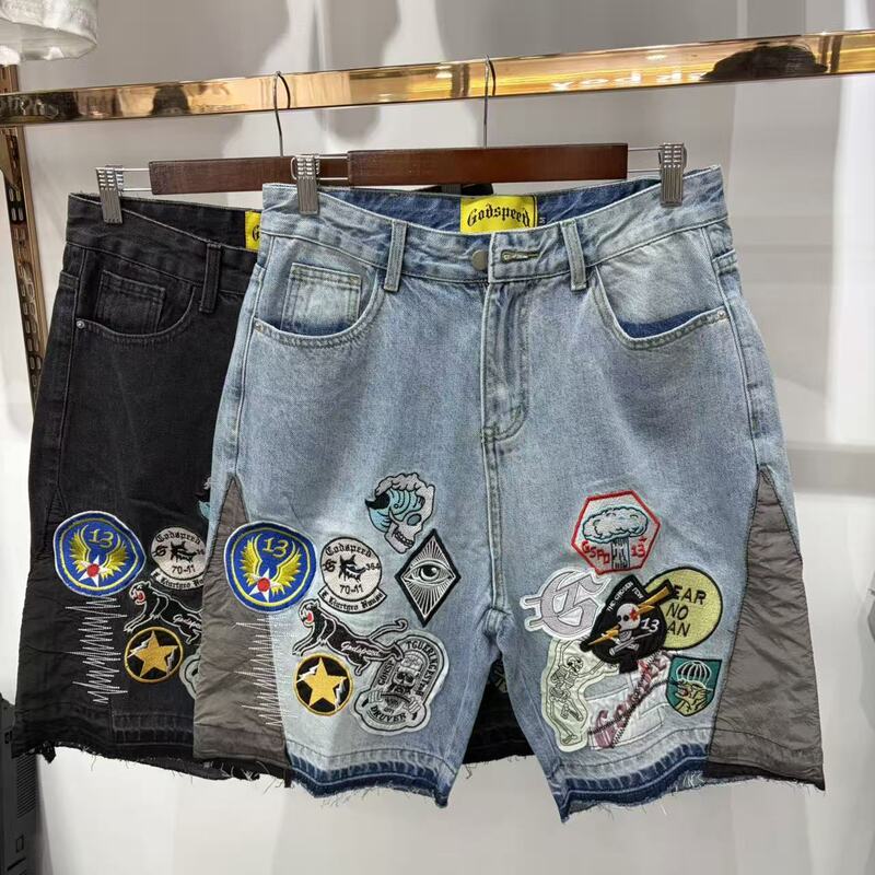 Godspeed European and American cross-border street hip-hop denim shorts with embroidered patches and patchwork, loose-fitting trendy pants Godspeed European and American cross-border street hip-hop denim shorts with embroidered patches and patchwork, loose-fitting trendy pants