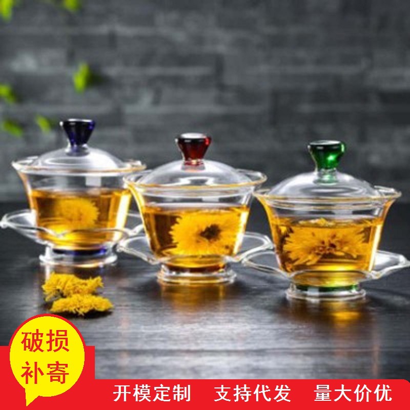 Fábrica al por mayor cubierta de vidrio tazón de vidrio borosilicato sancai taza Kung Fu juego de té tostado taza de té cubierta de la taza
