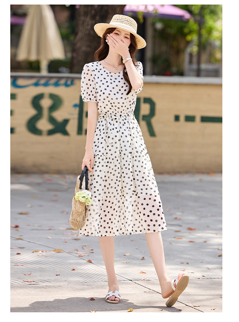 Đầm maxi nữ thắt eo chấm bi tay ngắn phong cách thời trang — màu đen, màu trắng chi tiết 21