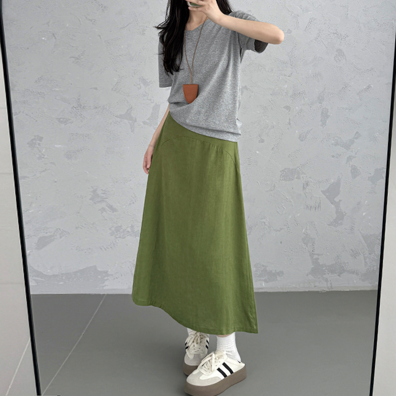 天丝亚麻半身裙女夏小众设计感高腰复古百搭显瘦休闲风A字中长裙|undefined