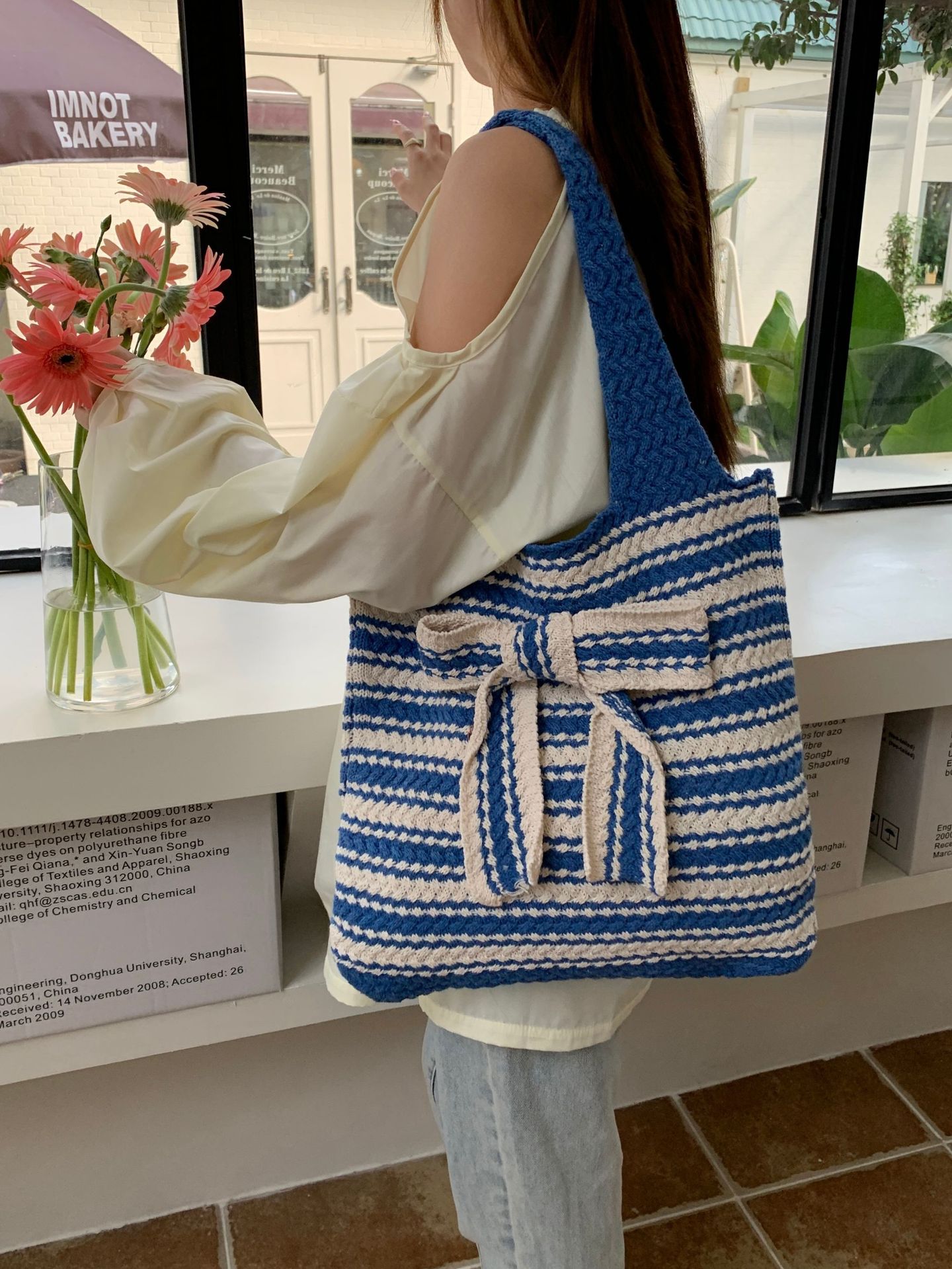 378g Weight Polyester Lining Material Weave Fashion Element Open Closure Type Double Shoulder Straps Strap Type Shoulder Bag Bags Type Travel, Daily Occasion Polyester Material Stripe, Bow Knot Pattern All Seasons Season Women's Gender Vintage Style Style Medium Size Women's Medium Polyester Stripe Bow Knot Vintage Style Weave Open Shoulder Bag 5