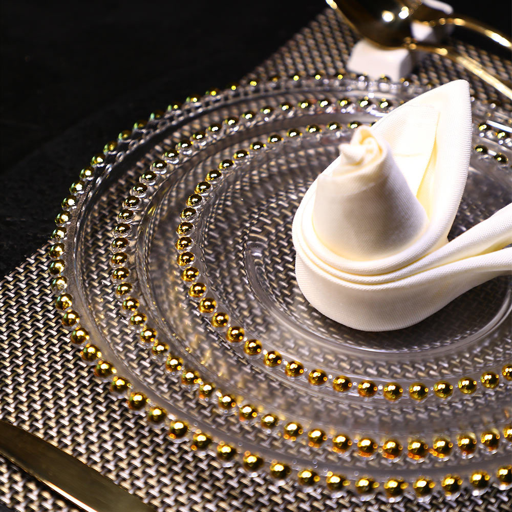 Nórdico creativo placa de cuentas de oro de vidrio transparente estilo europeo plato de merienda hogar plato de ensalada de frutas plato de postre placa de perlas