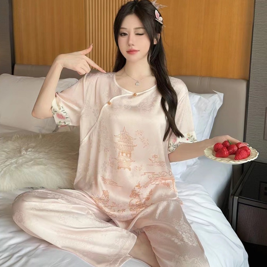 New Spring and Summer Thin Ice Silk New Chinese Style National Style Satin Jacquard Pajamas Women's Outer Wear Home Clothes for Hair
