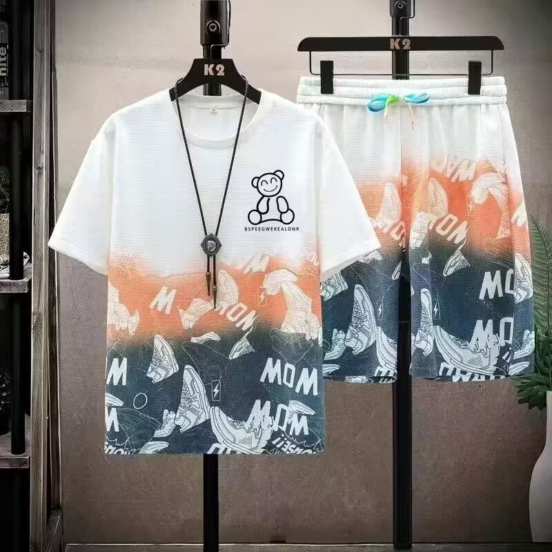 Camisas menos ropa verano delgado comercio exterior traje deportivo oso estampado digital para hombres pantalones cortos casuales de manga corta de dos piezas