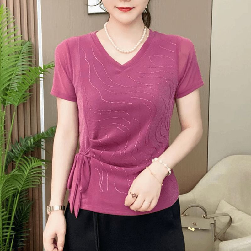 Summer New Versatile Lace Top for Women, V-Neck Base Shirt, Stylish Elastic Short-Sleeve T-Shirt Fashion Summer New Versatile Lace Top for Women, V-Neck Base Shirt, Stylish Elastic Short-Sleeve T-Shirt Fashion