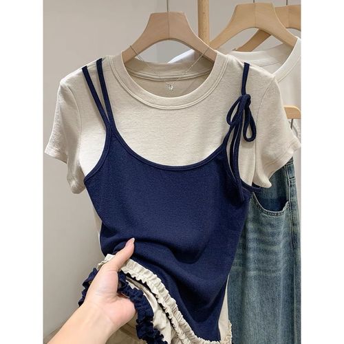 2025 Summer Navy Blue Oatmeal Color Round Neck False Two-Piece Color Block Short-Sleeve T-Shirt for Women, Fitted Top, Trendy