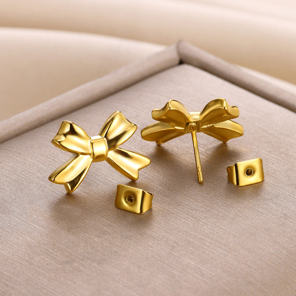 7g Weight 0.03µm-0.05µm Gold Plating Thickness PVD Coated Real Gold Plated Bow Knot 304 Stainless Steel Simple Style Classic Style Waterproof Non Tarnish Ear Studs