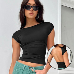 European and American summer sexy half-high neck hollow-out backless crop top breathable slim-fit women's T-shirt short sleeve wholesale