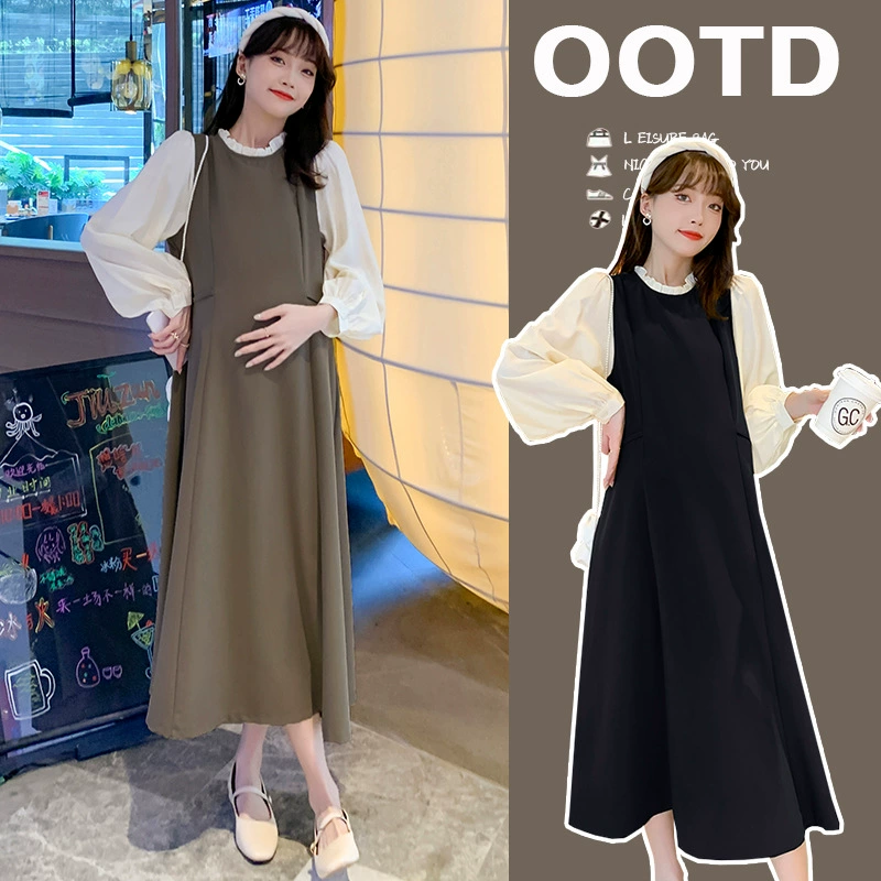 Реальный спот 2024 Платья для беременных весна и осень осень мода длинное платье беременная юбка поддельные два набора