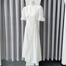 D家24年复古又性感V领白色茶歇棉裙短袖连衣裙优雅显瘦高端中长裙