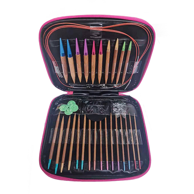 Herramienta de tejer suéter aguja anillo desmontable aguja color anillo de bambú carbonizado aguja conjunto de 13 pares de envases de La PU