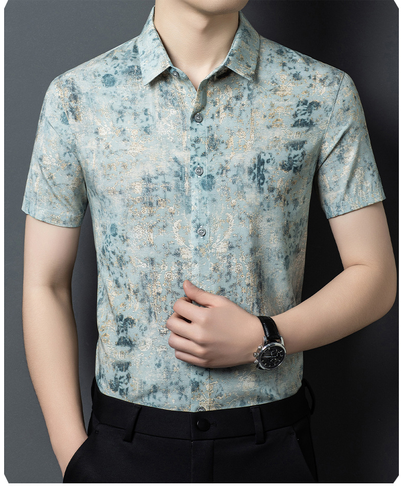 Áo sơ mi nam ngắn tay họa tiết hoa satin tơ tằm phong cách cổ điển — Xanh da trời2650 chi tiết 11