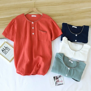 夏季新品 水洗肌理绉纹纱布短袖圆领上衣休闲家居衫可外穿