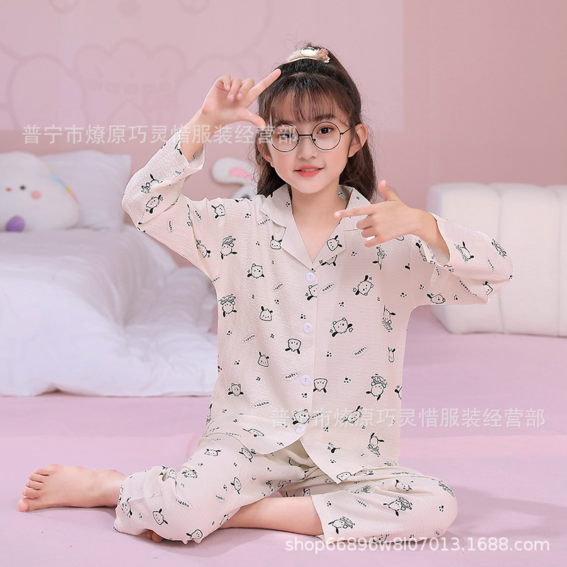 Pijama de niñas primavera y otoño dibujos animados tela espuma de tela delgada manga larga lindo ropa para niños de tamaño medio y grande ropa para el hogar