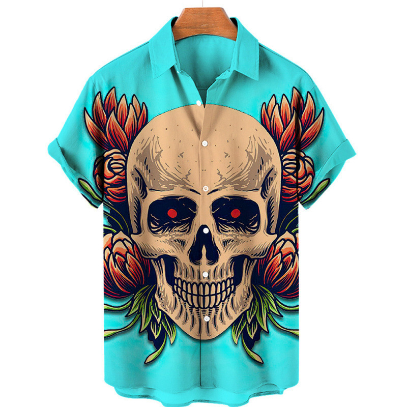 2024 New Cross-Border Style Skull 3D Digital Print Short Shirt Hawaiian Men's Casual Short-Sleeved Shirt
