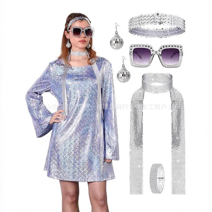 70S Theme Disco Dress Costume Shiny Going Out Halloween Birthday Prom Party Dress