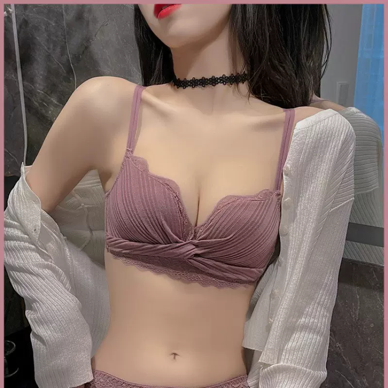 新品法式少女无钢圈性感美背胸罩蕾丝小胸聚拢内衣女上托文胸套装