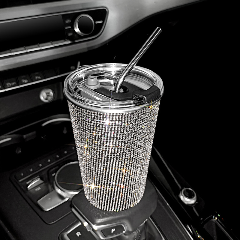 Bling flash rhinestone pegado diamante 550ml taza de bebida incrustada en el diamante taza de café de paja de acero inoxidable recta adelgazamiento