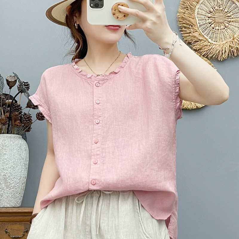 Linen Short-Sleeve Shirt for Women, Summer Thin Style, Cool and Breathable, Vintage Artistic Ruffle Collar, Flutter Sleeve Top Linen Short-Sleeve Shirt for Women, Summer Thin Style, Cool and Breathable, Vintage Artistic Ruffle Collar, Flutter Sleeve Top