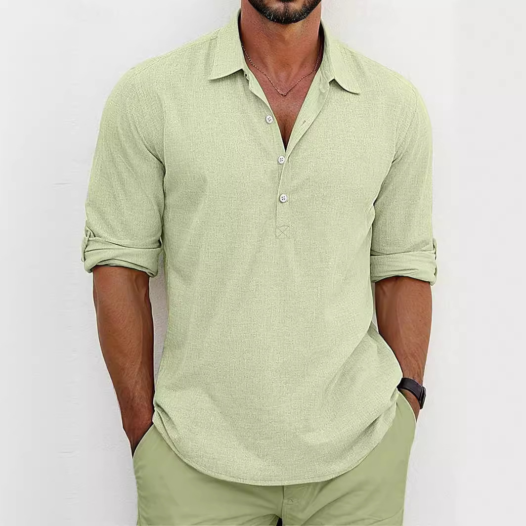 Men's Linen Shirt, Summer Foreign Trade Cross-border Solid Color Half-cardigan, Breathable, Sweat-absorbent,_voghion.com