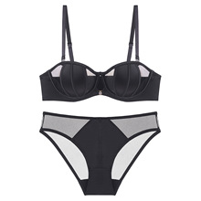 外贸欧美性感内衣法式光面兔耳朵无痕内衣防滑大胸显小文胸套装夏