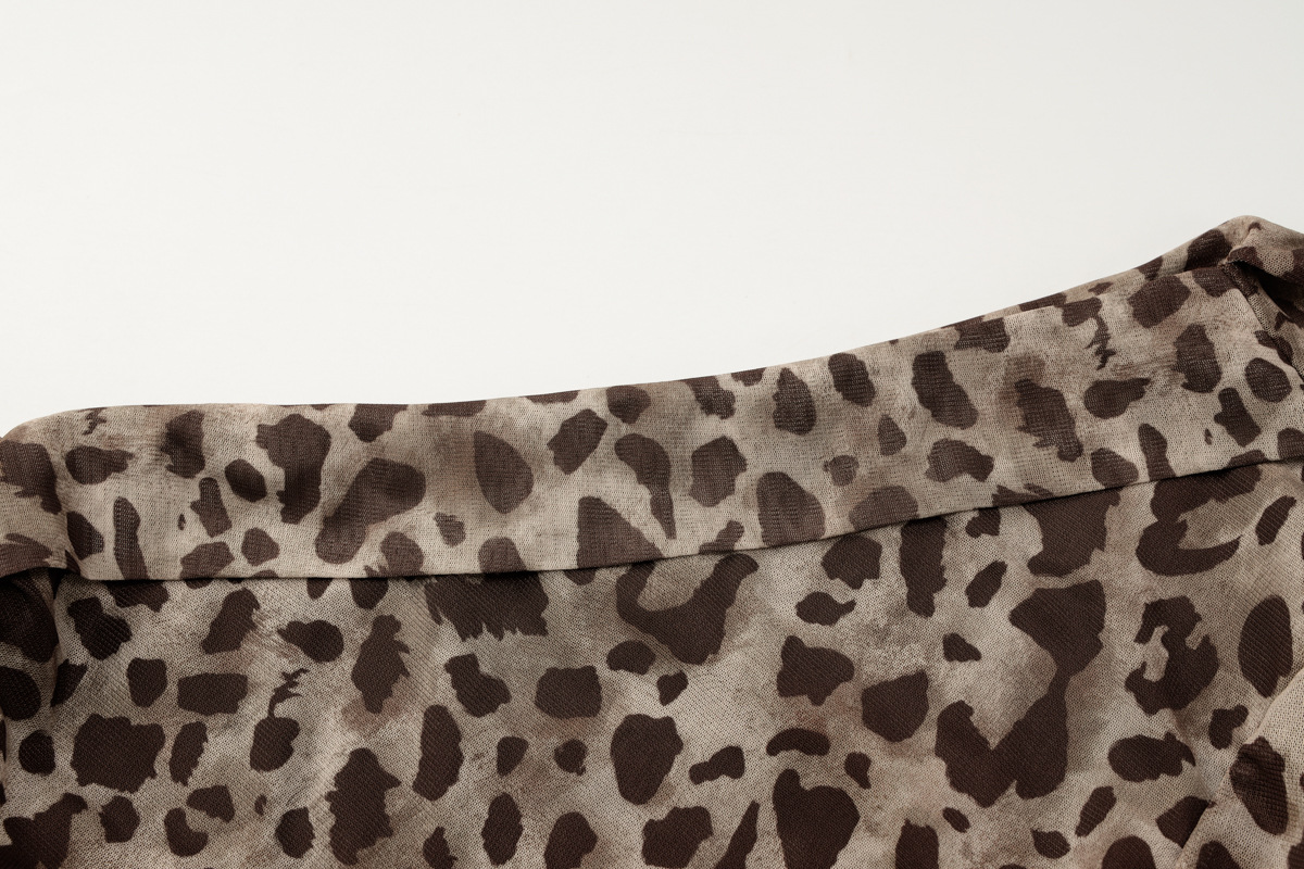 Women lothing Leopard Print One Shoulder Cold Shoulder Long Sleeve Ribbon Slim Pleated T shirt Top