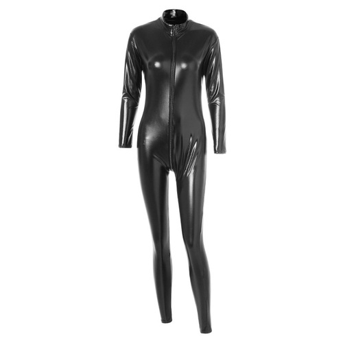 Underwear temptation one-piece open-crotch leather bodysuit, full-length sleeves, full-leg patent leather, with zip closure, ultra-tight fit