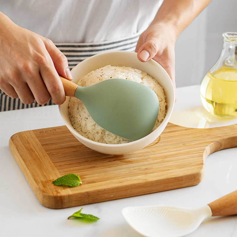 木製ハンドル垂直シリコンしゃもじ傷防止炊飯器ライナーノンスティックしゃもじスプーン家庭用スタンドアップしゃもじ|undefined