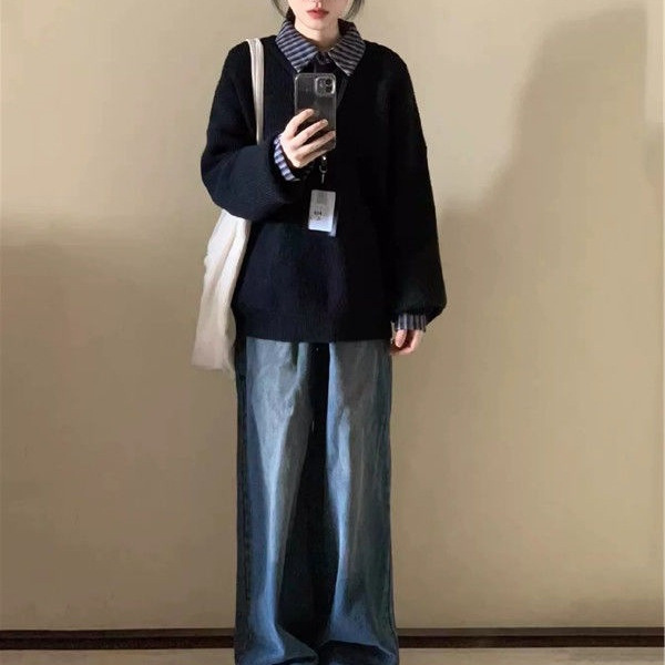 黑色宽松毛衣女2025秋冬新款慵懒感百搭韩系polo领针织衫厚款上衣|undefined